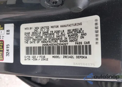 2010 Toyota Corolla Le из США, поврежденный, VIN 1NXBU4EEXAZ334227